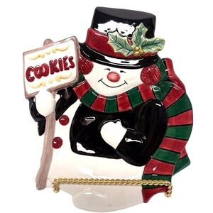 Fitz and Floyd Festive Snowman with Holly Canapé Plate Red/Green/Black EUC